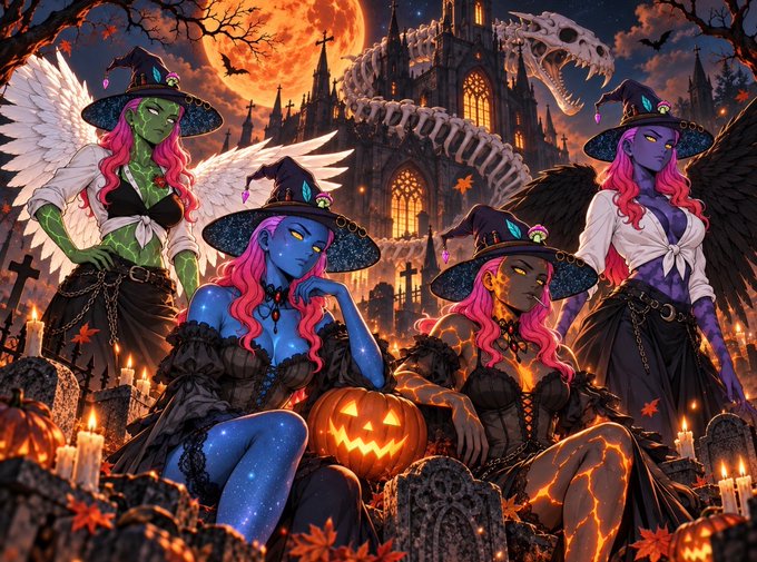 A vibrant fantasy illustration shows four colorful, winged witch-like figures in black gowns and pointed hats posing in a graveyard with a glowing jack-o'-lantern, candles, and a dinosaur skeleton under a blood moon.