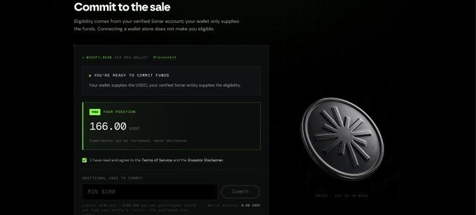 The image shows a "Commit to the sale" page on a Sonar (space_dex) platform, displaying a wallet ready to commit funds with a position of 166.00 USDC. The user is committing a minimum of $100 USDC to Axis Robotics' sale, aligning with the post's excitement about investing 166 USDC into the "low-guarantee account" with hopes of a lucky outcome.
