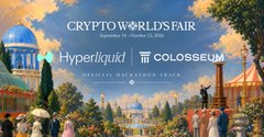 A promotional poster for the 'CRYPTOWORLDS FAIR' held September 18 - October 10, 2024, featuring logos for 'HyperYuki' and 'Colosseum', set against a vibrant digital fantasy landscape.