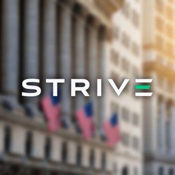 A logo for "STRIVE" displayed over a blurred background of American flags.