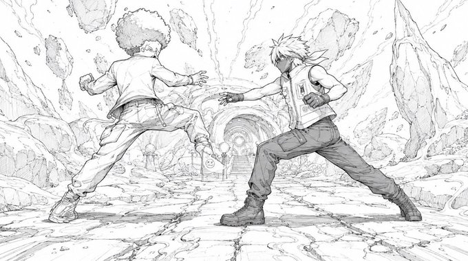The image features a black and white line drawing of two men engaged in a fight, with one man wearing a hoodie and the other wearing a jacket. The scene takes place in an alleyway or tunnel, adding an element of mystery to the confrontation. The caption for this image reads "CloneX Chronicles - EP.04 WIP Final teaser shots with one of the match up featuring @ReptileCloneX vs @X1JC_MIA Putting in the final edit touches and will be releasing More Epic locations in the @OthersideMeta featured throughout this upcoming episode.", which suggests that there is a connection between the image and a specific series or event.