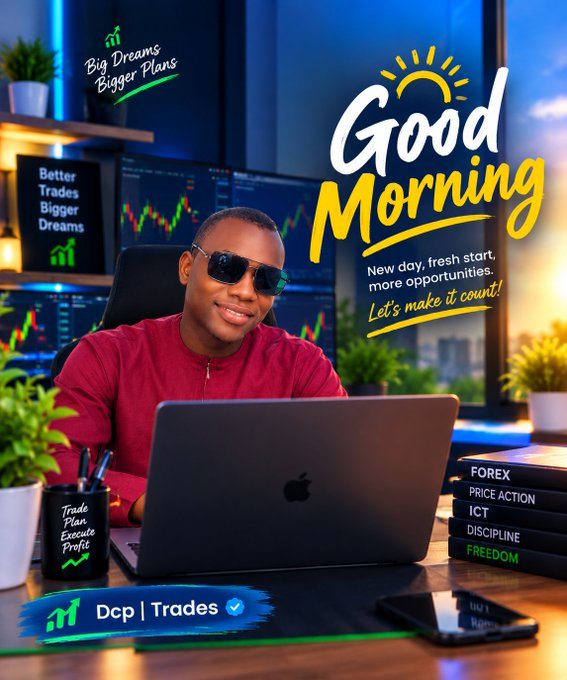 A promotional graphic features a smiling man in sunglasses at a laptop with stock charts, overlaid with text including 'Good Morning,' 'Big Dreams Bigger Plans,' and 'Dcp | Trades'.