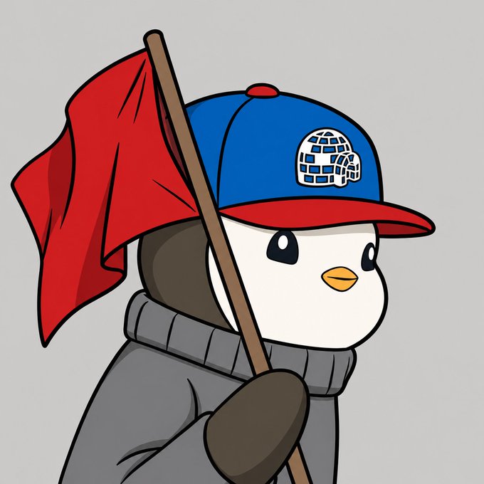 A cartoon penguin wearing a blue cap with a web/grid logo and a gray sweater holds up a red flag on a wooden pole, matching the post's reference to "rocking the red flag." The flag is plain red with no visible text or markings, and the character's determined expression aligns with the defiant "GN" (good night) message to "Web3 frens."