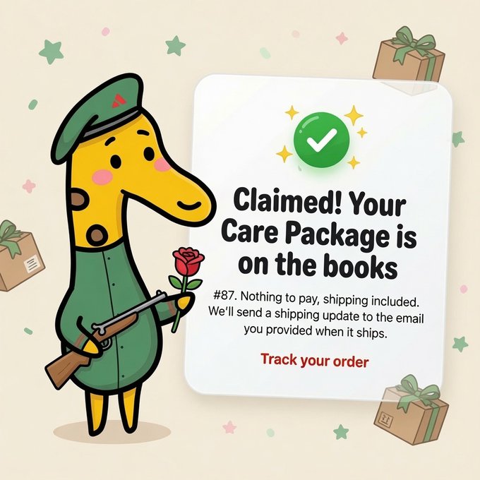 A cheerful cartoon giraffe in a green beret holding a rifle and rose next to a confirmation message reading 'Claimed! Your Care Package is on the books #87. Nothing to pay, shipping included.'