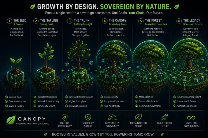 An infographic titled 'GROWTH BY DESIGN. SOVEREIGN BY NATURE.' for the Canopy project, illustrating six growth stages from seed to legacy with text including 'ONE CHAIN. YOUR CHAIN. OUR FUTURE.' and 'ROOTED IN VALUES. GROWN BY YOU. POWERING TOMORROW.'