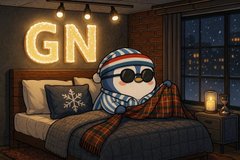 A cozy pixel-art style illustration of a character in pajamas with a sleep mask tucked under blankets in bed, with a 'GN' (good night) neon sign on the brick wall.