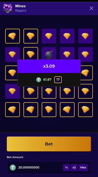 A mobile game screen titled 'Mines' by 'Biggerz' displays a 5x5 grid of diamond tiles with one bomb, showing a current multiplier of 'x3.09' and a bet amount of '20.00000000'.