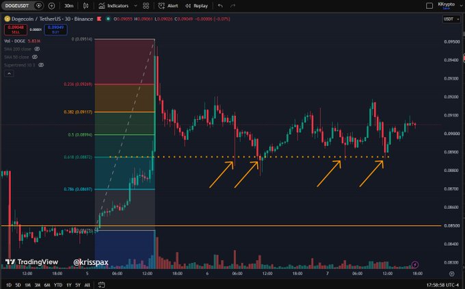 A TradingView chart for Dogecoin/TetherUS on Binance showing a 30-minute candle interval with Fibonacci retracement levels and yellow arrows pointing to support levels.