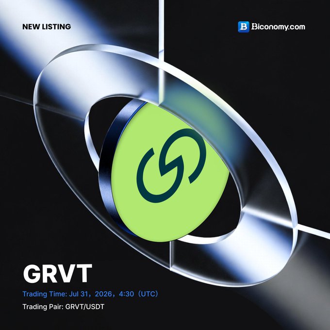 Promotional graphic for the new listing of GRVT/USDT on Biconomy.com, scheduled to begin trading on July 31, 2026, at 04:30 (UTC), featuring a metallic ring design surrounding the green GRVT logo against a dark background.