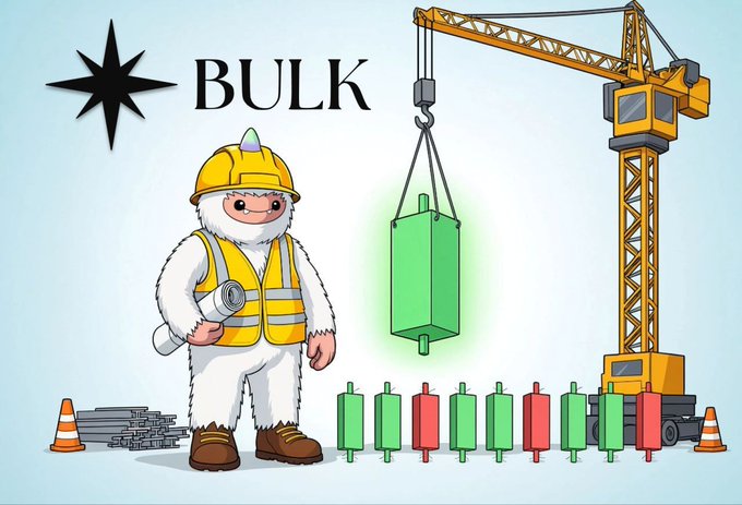 A cartoon construction worker wearing a hard hat and safety vest stands next to a crane lifting a green block, with "BULK" displayed prominently above and stacks of materials and traffic cones around them.

The image illustrates the tweet's message of behind-the-scenes preparation, depicting BULK trade's engineering team metaphorically building the foundation for their upcoming mainnet launch.