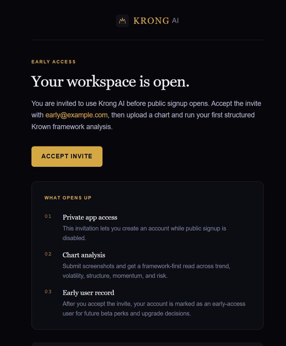 The image shows an early access invitation email from Krong AI, featuring a black background with gold accents and a prominent "ACCEPT INVITE" button. The email invites the recipient to use Krong AI before public signup opens, outlining three key benefits: private app access, chart analysis capabilities, and early user record status. This aligns with the post about the next wave of early access invites being sent out.