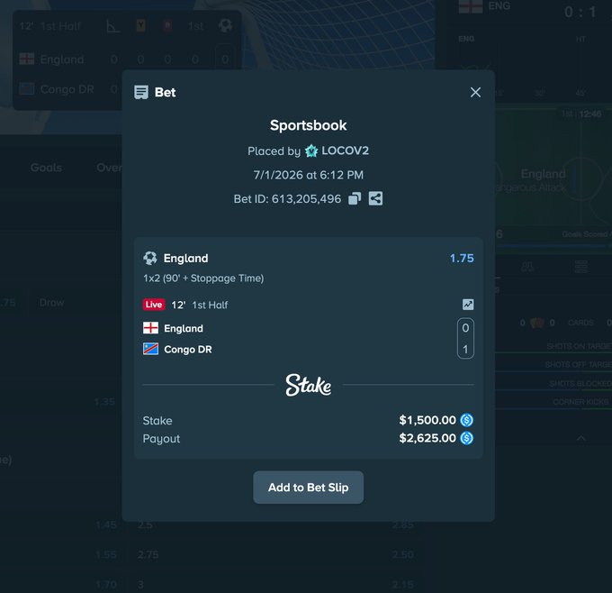 A screenshot of a Stake sportsbook bet slip showing a $1,500 wager on England 1x2 (90' + Stoppage Time) at 1.75 odds, placed by user LOCOCV2 on 7/1/2026, with a potential payout of $2,625—matching the post's claim of a "free" $1K bet on England.