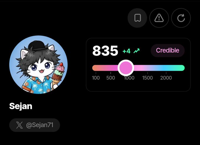 A user profile page for 'Sejan' (@Sejan71) displaying a Credible score of 835 and a cat-boy illustration as the avatar.
