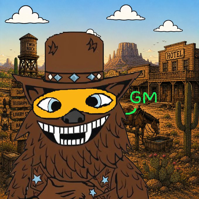 An illustration of a furry brown bat character wearing a cowboy hat with star badges, set in a Wild West desert town with 'GM' written in green text pointing to a horse.