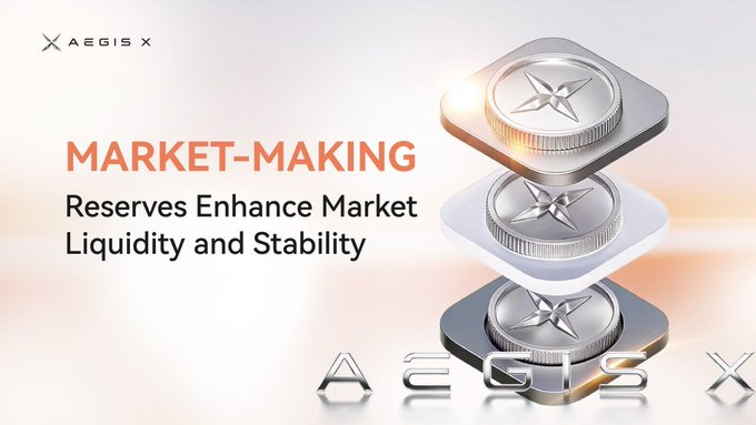 A promotional banner for Aegis X titled 'MARKET-MAKING: Reserves Enhance Market Liquidity and Stability,' featuring stacked metallic coin-like emblems with star designs and the AEGIS X logo.