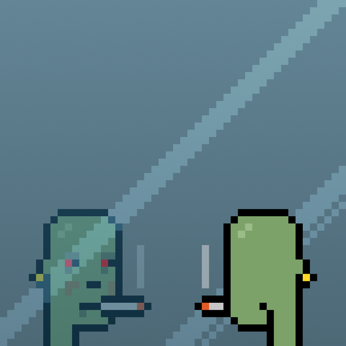 A pixel art animation showing two green alien-like characters facing each other, with one pointing a weapon and an exclamation mark above the other.