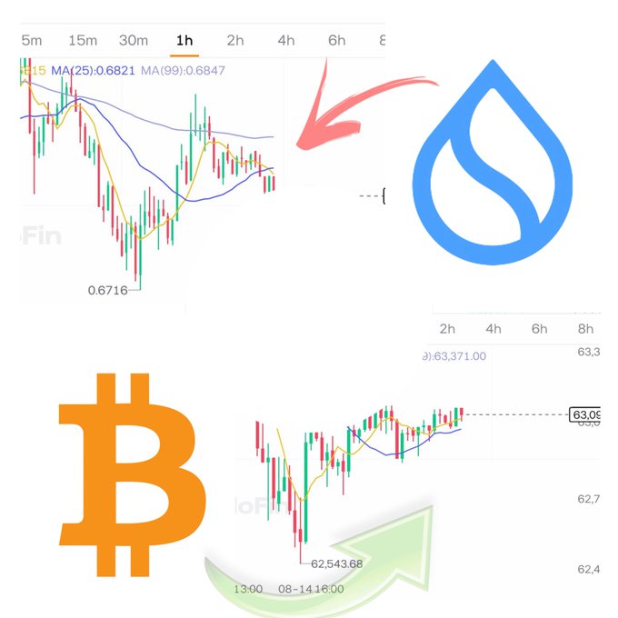 A crypto trading chart comparing Sui (SUI) showing a downward trend with a red arrow, and Bitcoin (BTC) showing an upward trend with a green arrow, dated 08-14.