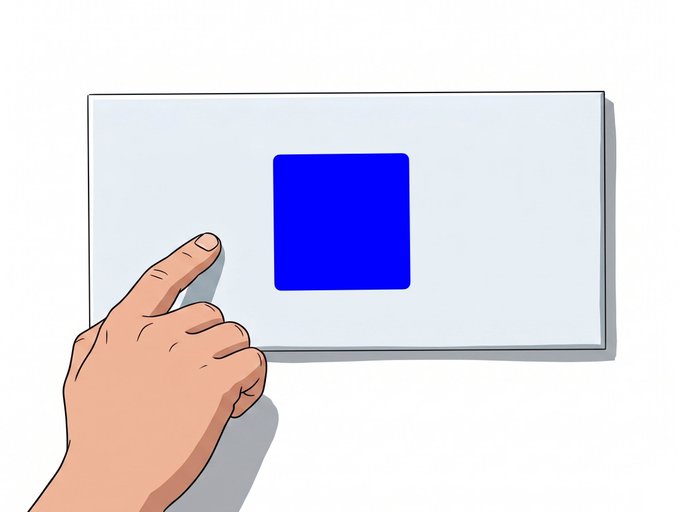 An illustration of a hand holding a white card with a blue square on it.