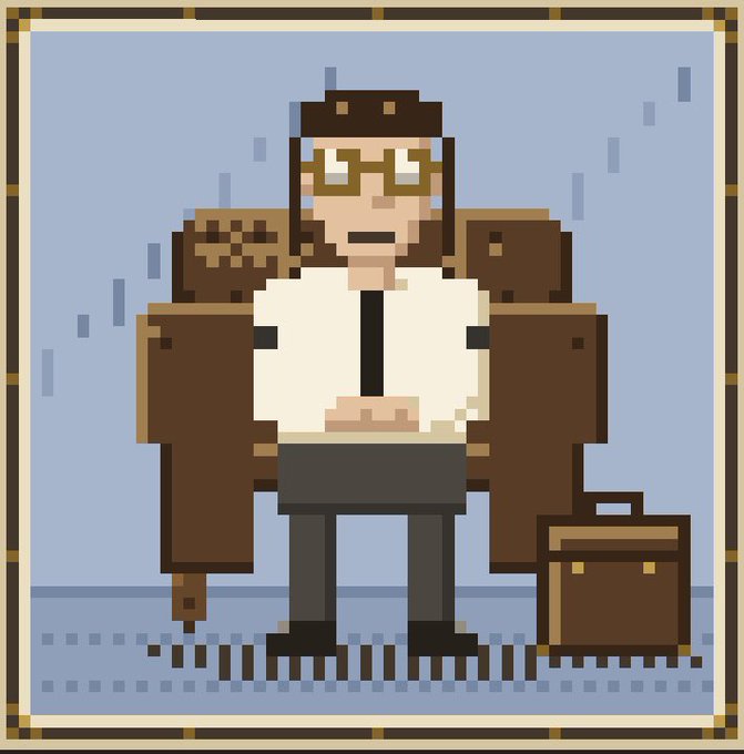 A pixel art illustration showing a man with glasses, a tie, and a briefcase sitting in an armchair surrounded by other briefcases in the rain.