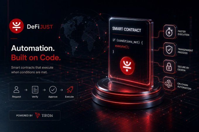 A promotional graphic for 'DeFiJUST' advertises 'Automation. Built on Code,' showcasing smart contracts that 'execute when conditions are met,' powered by TRON, with features listed as faster execution, transparent process, secure by design, and on-chain automation.