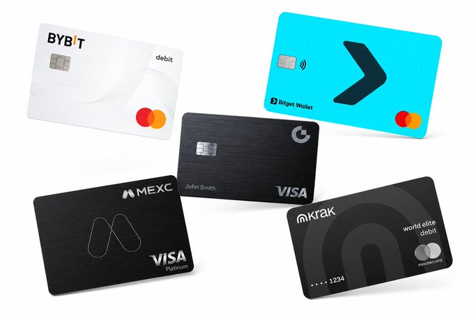 Five debit/credit cards from various crypto and fintech brands including BYBIT, Bitget Wallet, MEXC, and Kraken, displayed against a white background.