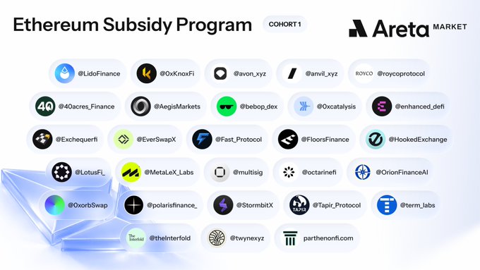 The image features a poster for an Ethereum Subsidy Program that has been selected by @areta market. The poster displays a list of 30 projects, each with its own hashtag, along with their respective descriptions. The projects are organized into different categories such as "World", "Cohort I", and "Out of 100+ applicants". The poster also includes the names of some of the projects that have been chosen for this program.