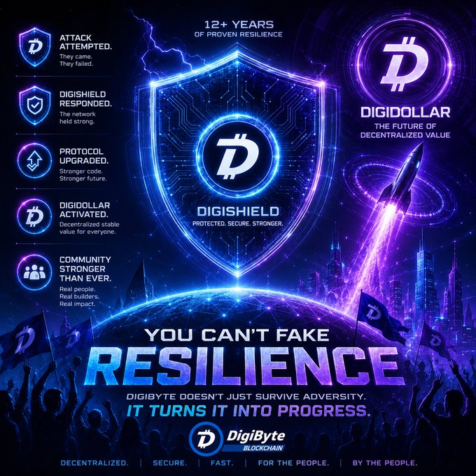 A promotional graphic for DigiByte blockchain featuring the DigiShield and DigiDollar features, with the tagline 'YOU CAN'T FAKE RESILIENCE' and text noting '12+ YEARS OF PROVEN RESILIENCE'.