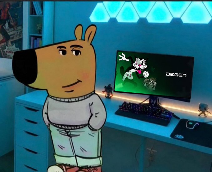 An animated scene shows a dog-like cartoon character wearing a gray sweater standing in a gaming room, with a monitor displaying cartoon rabbits and the word 'DEGEN' against a green background.