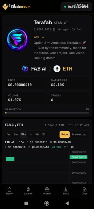 A screenshot of a cryptocurrency app displaying the 'Terafab' ($FAB AI) token on the FAB AI/ETH pair, showing a price of $0.00000410, market cap of $4.16K, and volume of $1.07K.