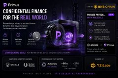 A promotional graphic for Primus features the tagline "CONFIDENTIAL FINANCE FOR THE REAL WORLD" alongside the BNB Chain logo and statistics like 1.2M users and $72 Labs. The image visually supports the post's theme by highlighting how Primus enables private on-chain transactions while still proving authenticity without exposing sensitive data behind the scenes.