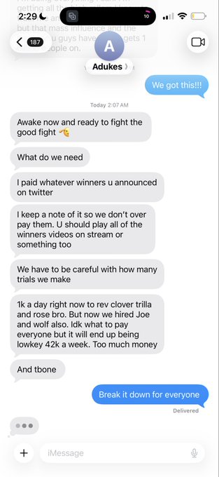 A screenshot of an iMessage conversation between "Adukes" and the user, timestamped around 2:07 AM, discussing strategies for the gambling site Gamdom, including tracking Twitter winners, streaming content, and managing weekly costs (mentioning $42k expenses for Joe and Wolf), which the poster is sharing as part of their transparency about trial-and-error spending to grow Gamdom to the #2 position.