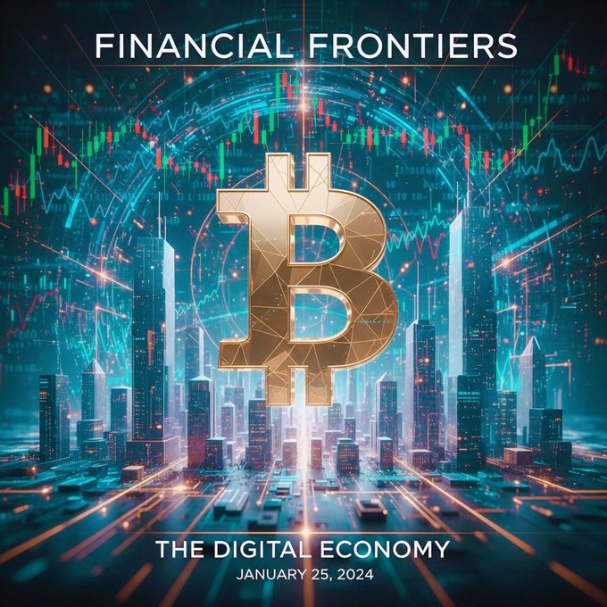 The image shows a large golden Bitcoin symbol among other elements such as buildings, cars, and roadways that represent the digital economy. The Bitcoin price has been steadily increasing above $65,000 over time. The post discusses regulatory progress for digital currencies like Bitcoin, with specific dates and details about these developments in the upcoming weeks.