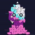 A pixel-art style purple creature with a spiky, crystalline body, white eyes, and a mischievous grin, set against a dark background.