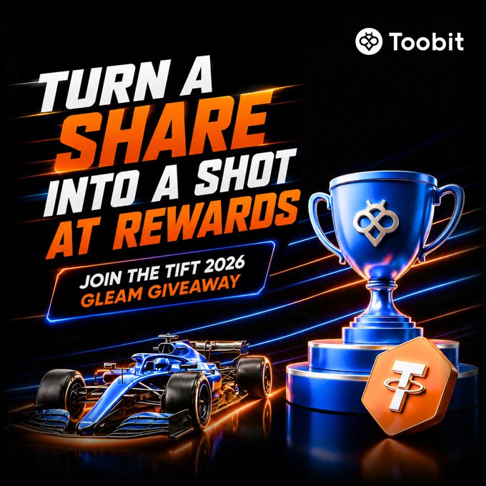 A promotional advertisement for Toobit featuring a blue racing car and trophy with the text 'TURN A SHARE INTO A SHOT AT REWARDS' and 'JOIN THE TIFT 2026 GLEAM GIVEAWAY'.