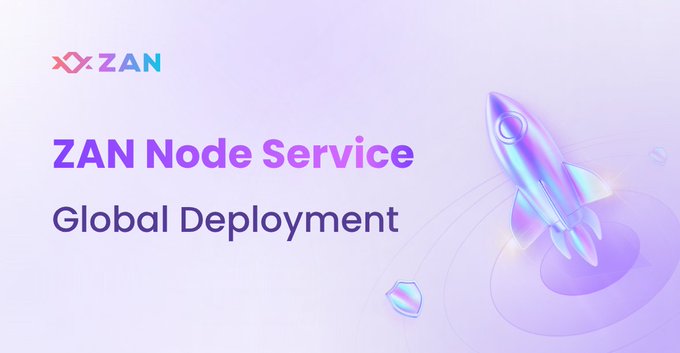 A promotional graphic for ZAN Node Service announcing its Global Deployment, featuring the ZAN logo and an illustration of a 3D rocket with a globe. The launch-themed visual reinforces the post's message about worldwide availability, reduced latency, and improved service stability for developers connecting to the nearest node location.