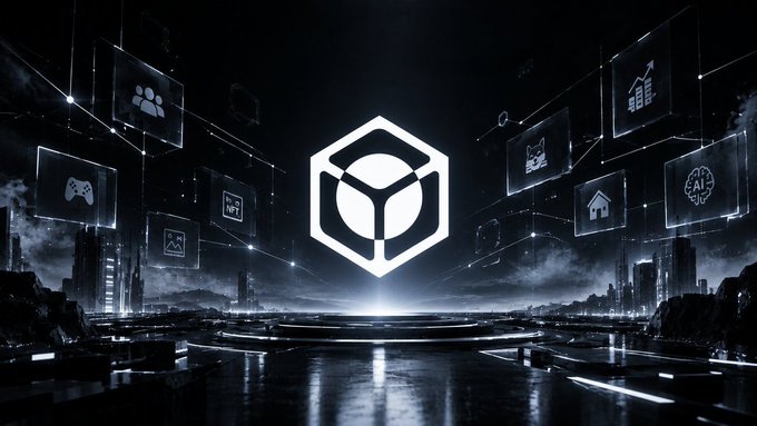 A futuristic dark digital landscape featuring a central glowing cube/crypto logo surrounded by floating holographic panels displaying various icons (gaming, AI, charts).