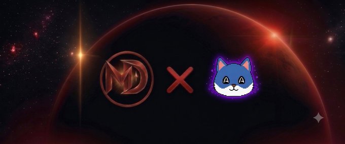 A promotional graphic on a cosmic red planet background features a metallic 'MD' logo, a red 'X', and a blue cat character resembling the Neon cryptocurrency symbol.
