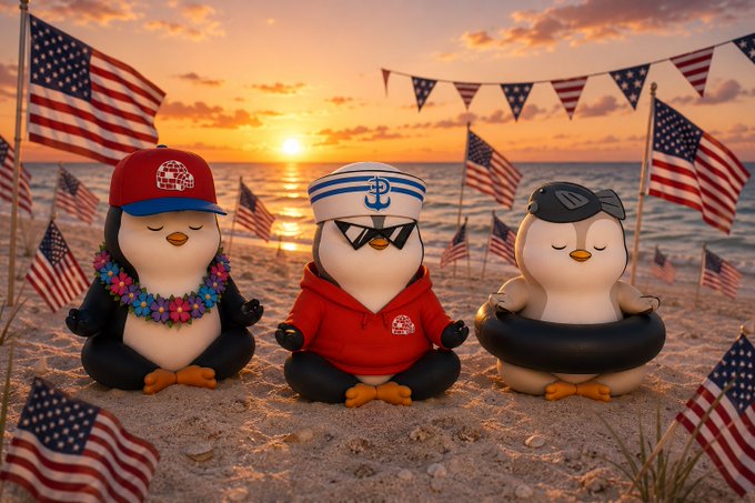 Three cartoon penguins dressed in summer attire including a red cap, sunglasses, sailor hat, and inner tubes, sitting on a beach decorated with American flags and bunting at sunset.