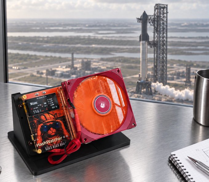 A custom cryptocurrency mining rig called 'HashWatcher' featuring an orange fan, displayed card, and circuit board sits on a desk by a window overlooking a rocket launch.