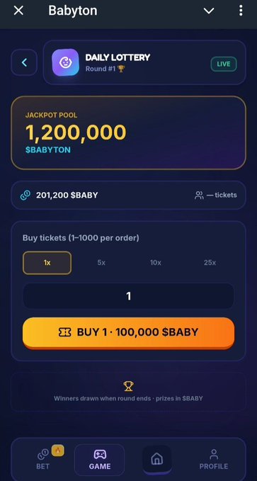 Screenshot of the Babyton app's Daily Lottery interface showing a jackpot pool of 1,200,000 $BABYTON, with a 'Buy 1 · 100,000 $BABY' button for purchasing lottery tickets.
