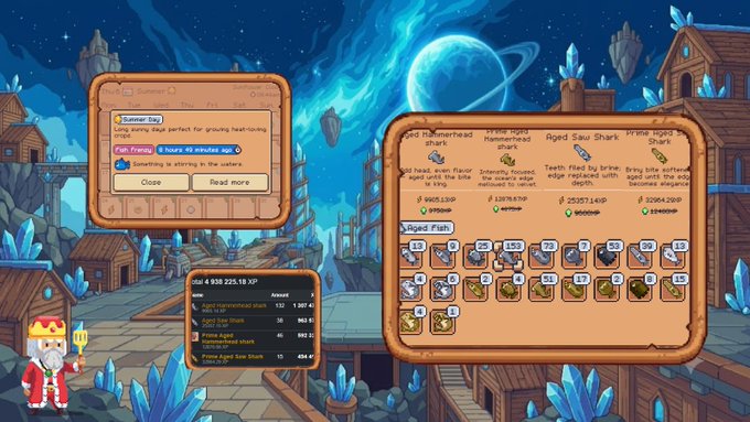 A screenshot from a video game, likely "Rusty's Retirement," showing in-game shop menus with items like a Hammerhead Shark and inventory management interfaces.