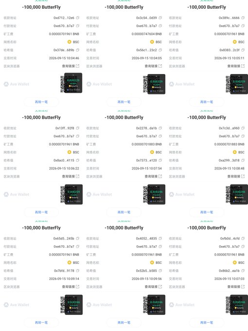 A blockchain transaction history display listing multiple '-100,000 ButterFly' token transactions on BSC network with various wallet addresses and transaction hashes, timestamped around 2026-09-15.