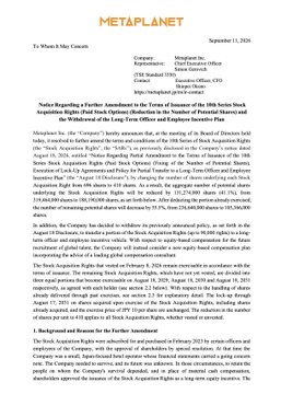 The image shows a September 11, 2024 press release from Metaplanet, Inc. (listed on Tokyo Stock Exchange Growth Market, ticker 3350) titled "Notice Regarding a Further Amendment to the 'Compan' Notice Regarding Partial Amendment of the 10th Series Stock Acquisition Rights (Post-Stock Options) (Reduction in the Number of Potential Shares) and the Number of the Long-Term Officers and the Department Office Members, Etc." The document announces that Metaplanet is reducing the shares issuable under its 10th Series Stock Acquisition Rights from 696 shares per right to 410, which reduces the total potential issuance from 319.464 million shares to 188.190 million—a 41.1% reduction consistent with the accompanying post.