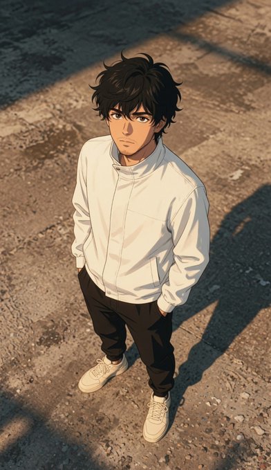 A stylized anime-style illustration shows a young man with messy black hair standing on cracked pavement in golden hour lighting, wearing a white jacket, dark pants, and light sneakers with his hands in his pockets. The introspective, contemplative pose complements the warm, reflective "have a great day" sentiment of the morning greeting post.