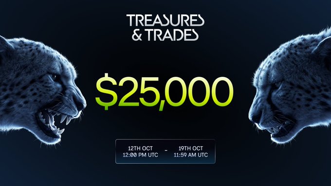 A promotional graphic for a 'Treasures & Trades' event featuring two snow leopards facing each other, advertising a $25,000 prize from October 12th at 12:00 PM UTC to October 19th at 11:59 AM UTC.
