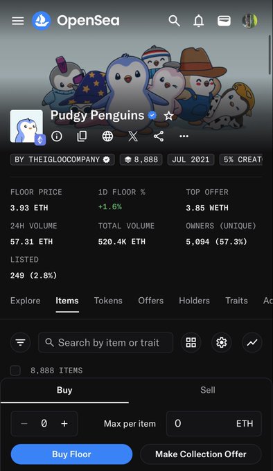 A mobile screenshot of the OpenSea NFT marketplace showing the 'Pudgy Penguins' collection by THEIGLOOCOMPANY, displaying floor price of 3.93 ETH, 24H volume of 57.31 ETH, and 8,888 items with a 'Buy Floor' button at the bottom.