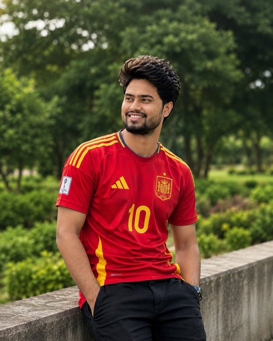 A smiling young man with dark hair and a beard wearing a red Adidas soccer jersey with yellow stripes and the number 10, posing outdoors against a backdrop of green trees.