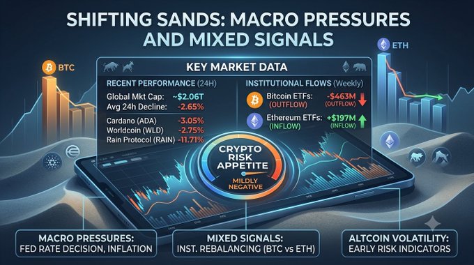 A market analysis graphic titled 'SHIFTING SANDS: MACRO PRESSURES AND MIXED SIGNALS' showing key crypto data for BTC and ETH, including a 'Crypto Risk Appetite' gauge indicating 'Mildly Negative' and 24H declines for ADA, WLD, and RAIN.
