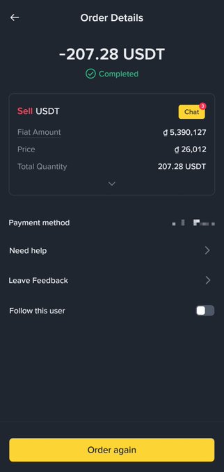 A cryptocurrency exchange app showing a completed order to sell 207.28 USDT at a rate of ₫26.012, with a fiat amount of ₫5,390,127.