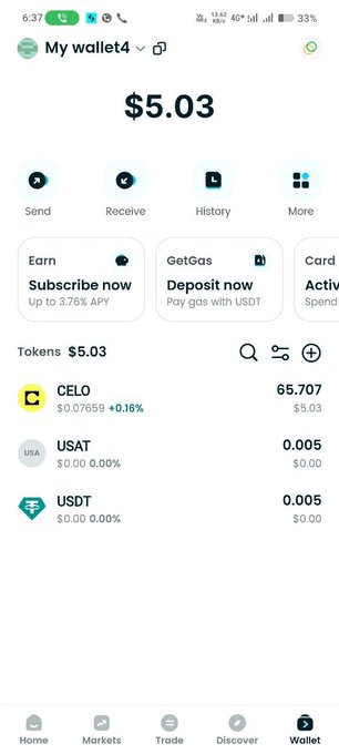 A mobile wallet app screenshot displaying a balance of $5.03, with 65.707 CELO tokens (worth $5.03) and 0.005 USAT (valued at $0.00) visible in the token list. The post notes that users should set up an EVM wallet on the Celo network, which corresponds to the CELO tokens shown receiving the free USAT airdrop from the faucet.